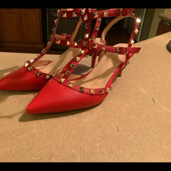 Red Spiked Strapped Heels - Picture 7 of 9
